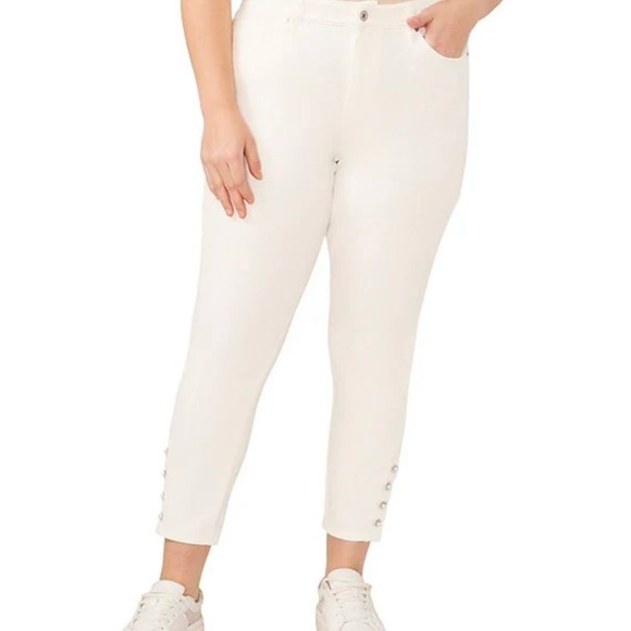 CeCe Plus Size High-Rise Indigo Denim Pearl Button Hem Skinny Jeans 22W NWT - Picture 1 of 10